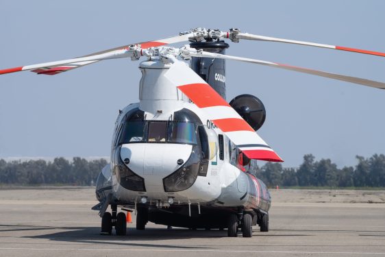 Chino Airport, California, USA - September 26, 2021: image of an Orange County Fire Authority Boeing CH-47D Chinook helicopter with registration N42CU shown on standby.